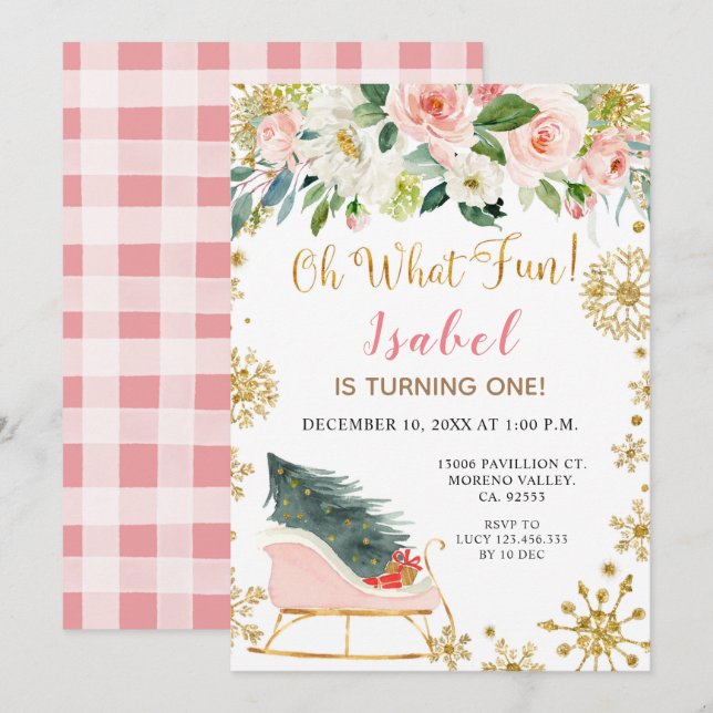 Weihnachten Winter Schlitten Oh was Spaß Erster Ge Einladung (Vorne/Hinten)