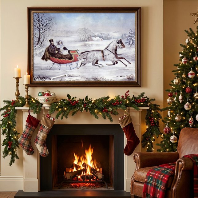 Weihnachten, Winter, Schlittenpferd Poster (Vintage illustration Christmas design originally published by Currier & Ives, 1853, The Road Winter.)