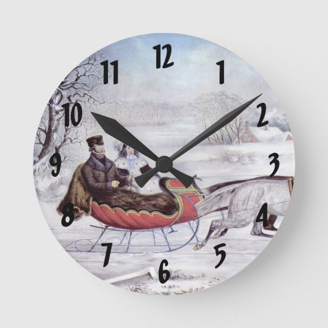 Weihnachten, Winter, Schlittenpferd Runde Wanduhr (Vorderseite)