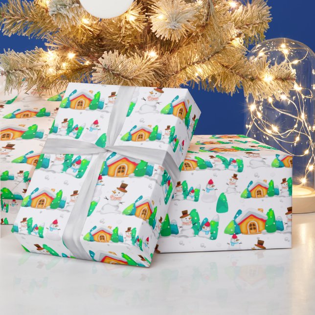 Weihnachten Winter Schneemann Hütte Bäume Geschenkpapier (Feiertage)