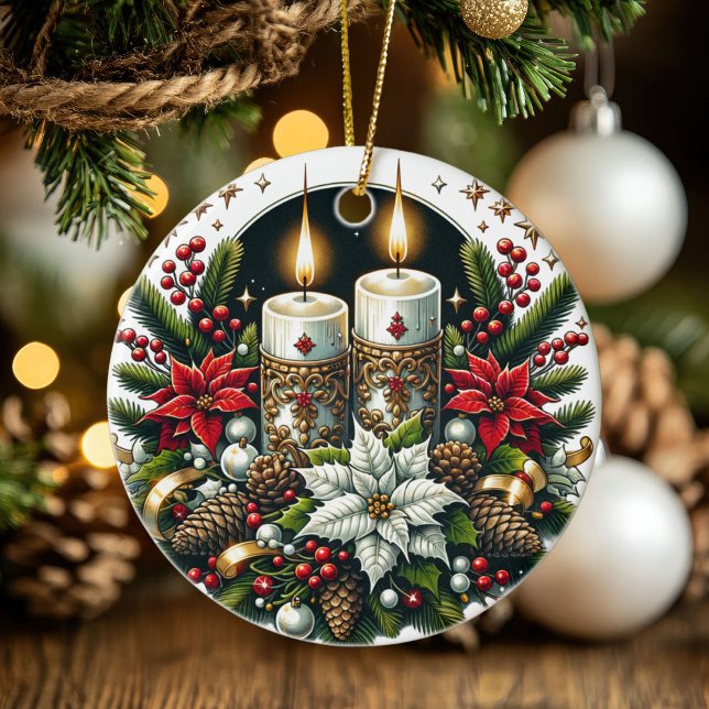 Weihnachten Winter Solstice Poinsettia & Greenerie Keramik Ornament (Yule Winter Solstice Poinsettia & Greenery Wicca Ceramic Ornament)