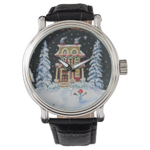 Weihnachten, Winter, Uhr, Schneemann, Haus, Schnee Armbanduhr