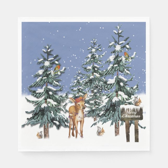 Weihnachten Winter Wunderland Hirsche Pinienbäume Serviette (Vorderseite)