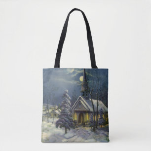 Weihnachten, Winterkirche im Schnee mit dem Mond