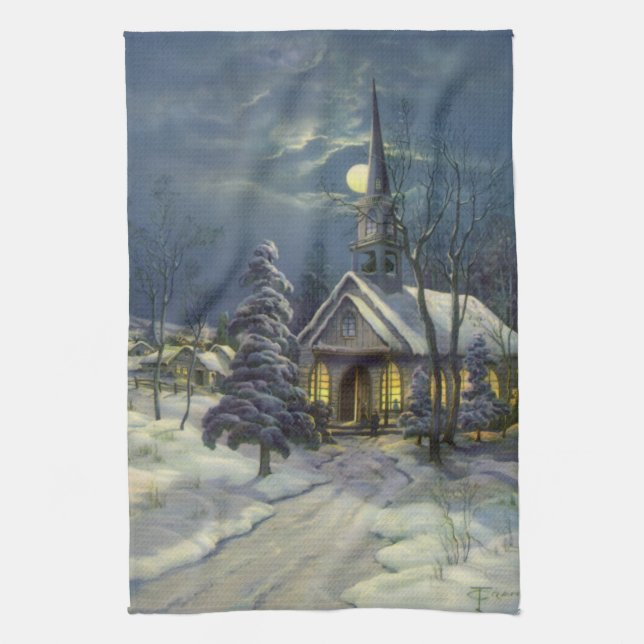 Weihnachten, Winterkirche im Schnee mit dem Mond Handtuch (Vertikal)