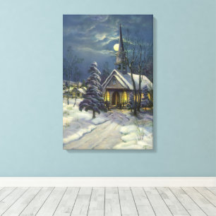 Weihnachten, Winterkirche im Schnee mit dem Mond Leinwanddruck