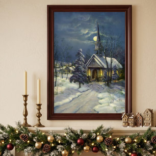 Weihnachten, Winterkirche im Schnee mit dem Mond Poster