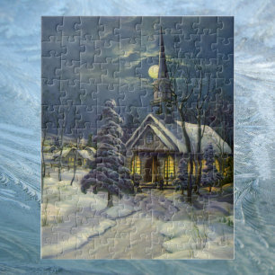 Weihnachten, Winterkirche im Schnee mit dem Mond Puzzle