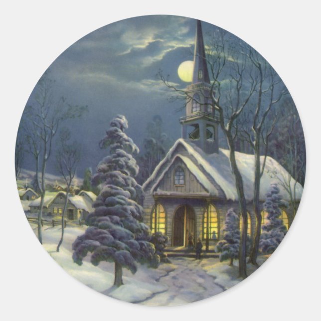 Weihnachten, Winterkirche im Schnee mit dem Mond Runder Aufkleber (Vorderseite)