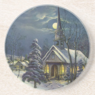 Weihnachten, Winterkirche im Schnee mit dem Mond Sandstein Untersetzer