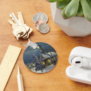 Weihnachten, Winterkirche im Schnee mit dem Mond Schlüsselanhänger