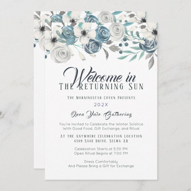 Weihnachten Wintersolstice: Navy Blue & White Flor Einladung (Vorne/Hinten)