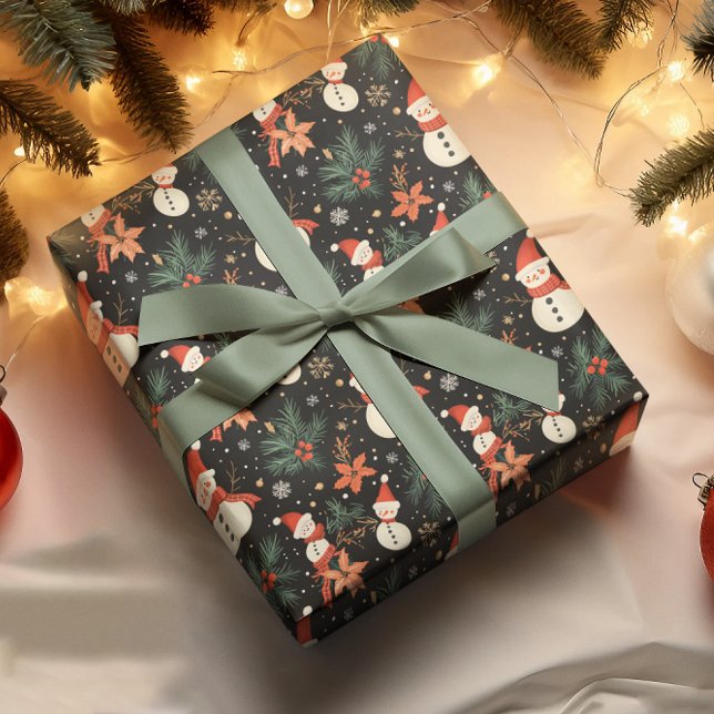 Weihnachten Winterurlaub Snowman Blumenmuster Geschenkpapier (Cute Christmas Winter Holiday Snowman Poinsettia, Pine and Berries Floral Pattern Wrapping Paper)