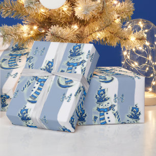 Weihnachten Wrapping Blue & White Strip Snowman Geschenkpapier