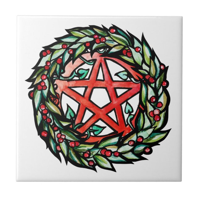 Weihnachten Wreath Pentagramm Pagan Pentagram Holi Fliese (Vorderseite)