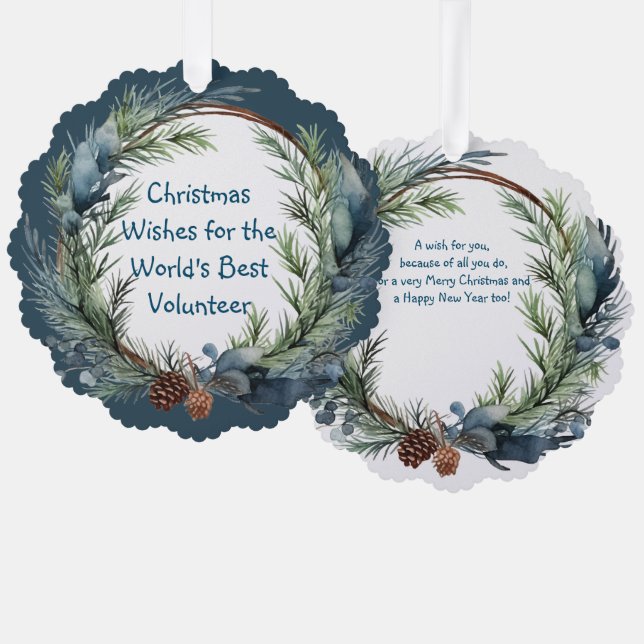 Weihnachten wünscht Grüne Wreath Volunteer Ornament Karte (Vorderseite/Rückseite)