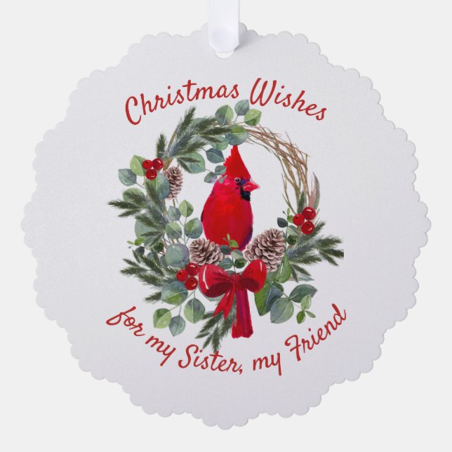 Weihnachten wünscht Red Kardinal Sister Friend Ornament Karte (Vorderseite)
