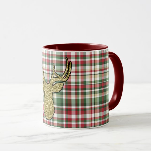 Weihnachten XMAS Kariert Tartan Gold Decht Kaffee  Tasse (VorderseiteRechts)