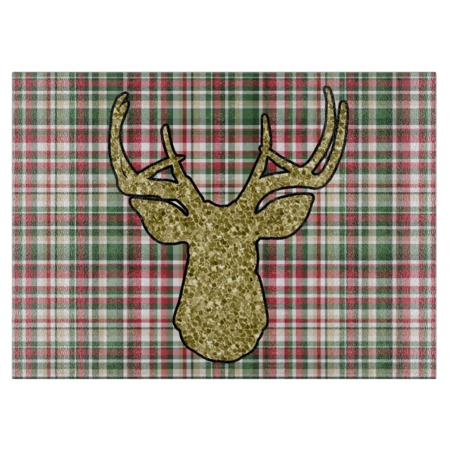 Weihnachten XMAS Kariert Tartan Gold Deer Buck Gla Schneidebrett (Vorderseite)