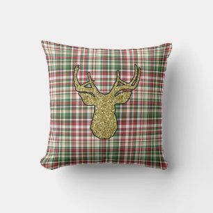Weihnachten XMAS Kariert Tartan Gold Deer Buck Pil Kissen