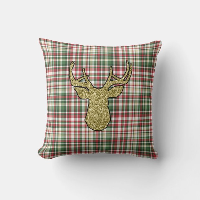 Weihnachten XMAS Kariert Tartan Gold Deer Buck Pil Kissen (Vorderseite)
