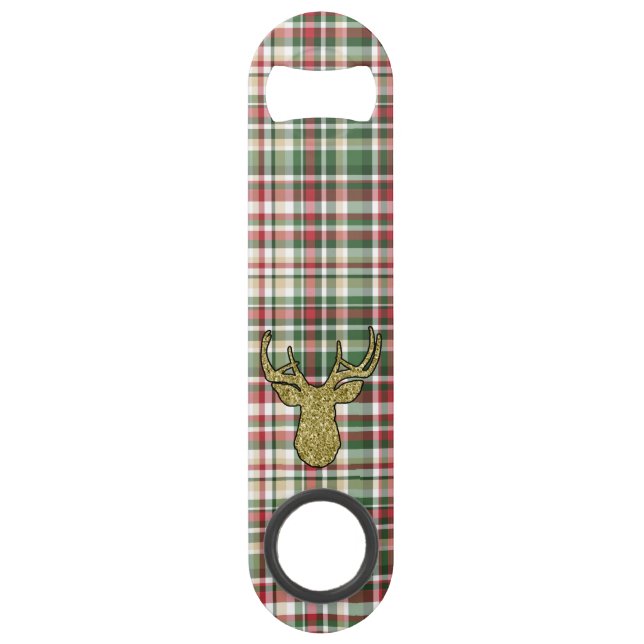 Weihnachten XMAS Kariert Tartan Gold Hirschflasche Speed Flaschenöffner (Vorderseite)