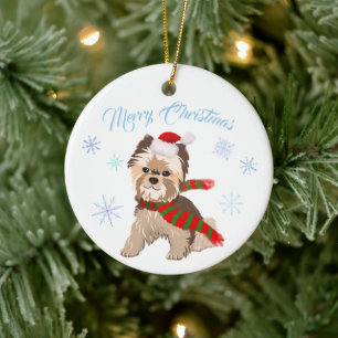 Weihnachten Yorkie in Weihnachtsmannmütze Schneefl Keramik Ornament