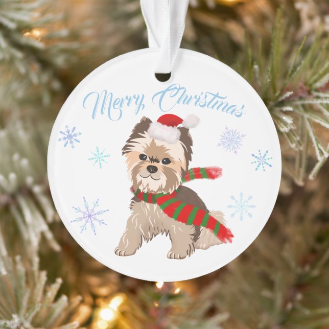 Weihnachten Yorkie in Weihnachtsmannmütze Schneefl Ornament (Baum)