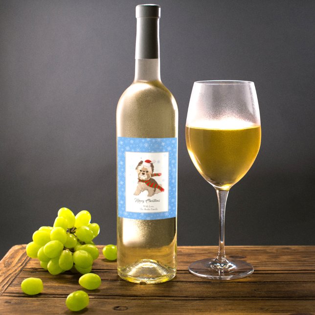 Weihnachten Yorkie in Weihnachtsmannmütze Schneefl Weinetikett (Von Creator hochgeladen)