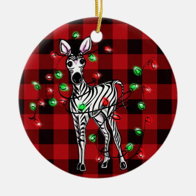 Weihnachten Zebra, Weihnachtskranz, karierte Rot Keramik Ornament (Vorne)