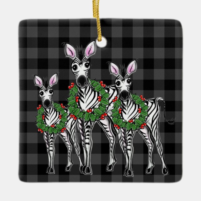 Weihnachten Zebras, roter grüner Kranz Keramikornament (Vorderseite)
