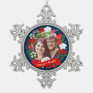Weihnachten Zickzack Blumenkranz Foto Personalisie Schneeflocken Zinn-Ornament