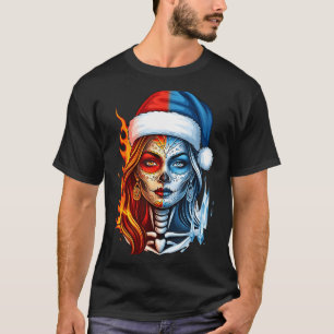 Weihnachten Zucker-Schädel-Kunst Frau Santa-Hut Fa T-Shirt