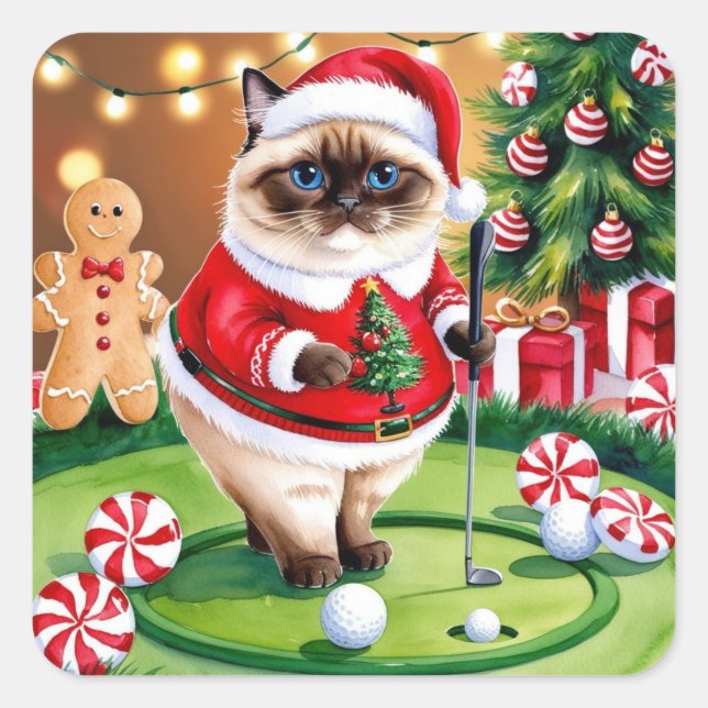 Weihnachten zum Thema Golf für Cat Lover Golfer Quadratischer Aufkleber (Vorderseite)