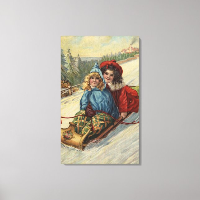 Weihnachten - Zwei kleine Girls Rodeln Leinwanddruck (Vorderseite)
