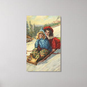 Weihnachten - Zwei kleine Girls Rodeln Leinwanddruck