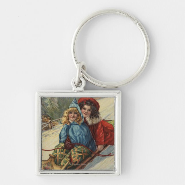 Weihnachten - Zwei kleine Girls Rodeln Schlüsselanhänger (Vorne)