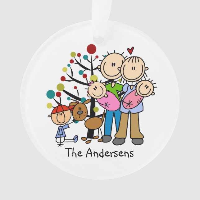 Weihnachten - Zwillingsmädchen, Junge, Hund, Mama  Ornament (Vorderseite)