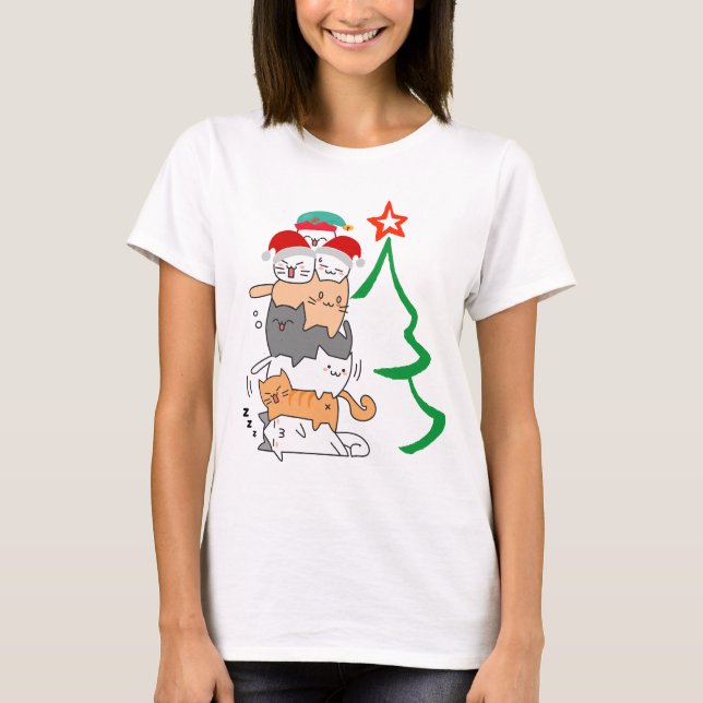 WeihnachtenCat Stack Tower, Katze Mama Weihnachten T-Shirt (Vorderseite)