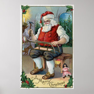 WeihnachtenGreetingSanta Gebäude-Schlitten Poster