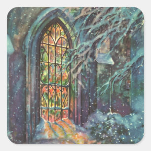 Weihnachtliche alte Kirche mit Bleiglasfenster Quadratischer Aufkleber