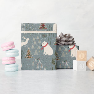 Weihnachtliche arktische Tiere Eisbär auf blau-gra Geschenkpapier