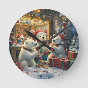 Weihnachtliche Eisbärenfamilie beim Geschenkeauspa Runde Wanduhr