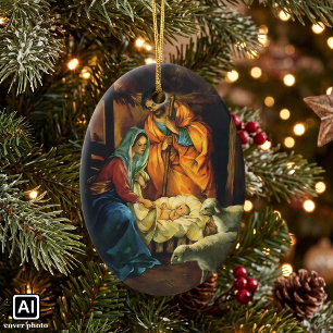 Weihnachtliche Geburtsszene, Jesuskind in der Krip Keramikornament