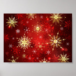 Weihnachtliche goldene Schneeflocken auf rotem Hin Poster