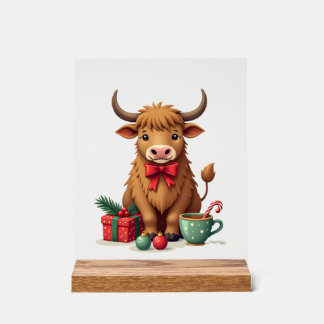 Weihnachtliche Highland-Kuh mit Schleifengeschenk  Acrylschild