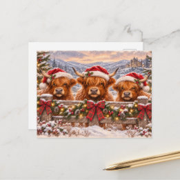 Weihnachtliche Highland-Rinder – Festliche Aquarel Feiertagspostkarte