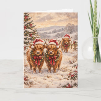 Weihnachtliche Highland-Rinder – Festliche Aquarel Karte
