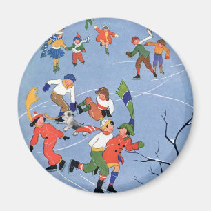 Weihnachtliche Kinder beim Eislaufen auf einem See Magnet