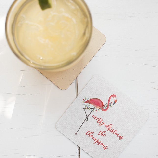 Weihnachtliche niedliche Flamingo-Lichterkette Rechteckiger Pappuntersetzer (Simple minimalist elegant Christmas holiday Pink Flamingo paper party coaster. )